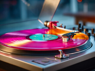 Close-up shot of a colorful spinning vinyl record on a modern turntable with a blurred background.