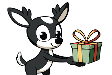 Animated deer with white spots happily presents a colorful wrapped gift to someone special
