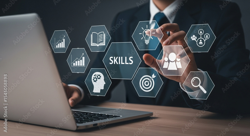 Poster Businessman using laptop with skills icons hovering, indicating professional development and expertise