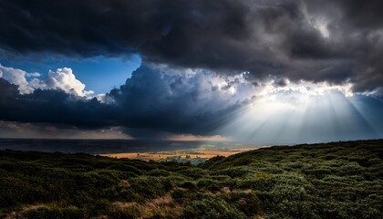 dramatic scene of dark clouds with sunlight breaking through highlighting the beauty of stormy weather and its powerful lighting effects
