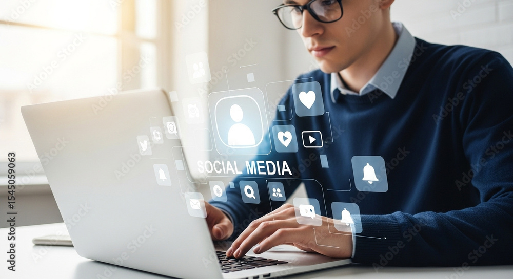Poster man using laptop with social media icons overlayed on screen in bright indoor environment at desk