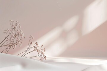 Soft, muted image featuring sprigs of baby's breath on draped fabric, set against a light pink backdrop with angled light and shadow.