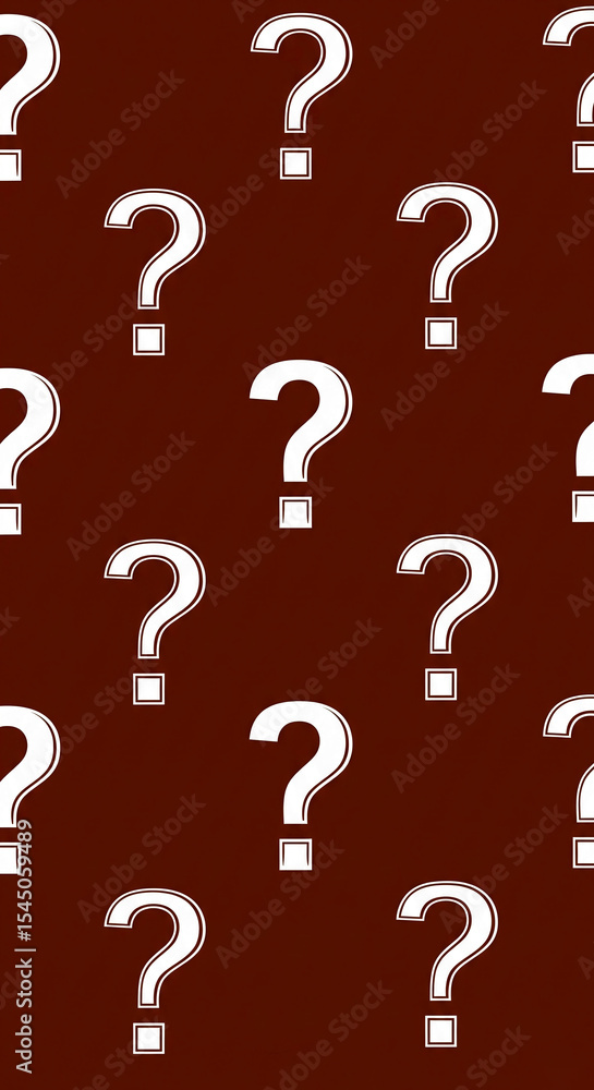 Poster repeating pattern of white question marks on a dark brown background, symbolizing curiosity, inquiry