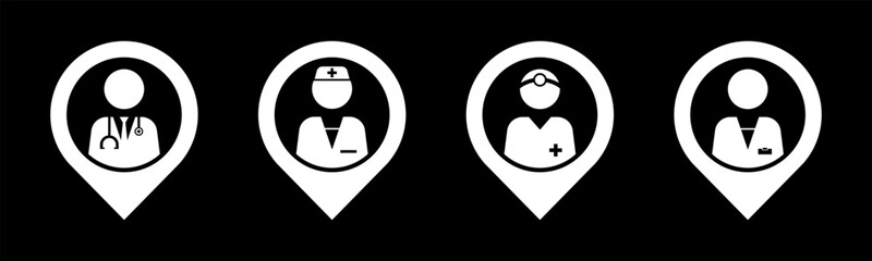 Doctor, Nurse, Surgeon and Pharmacist icon set illustration vector. Doctor, Nurse, Surgeon and Pharmacist with location sign and symbol.