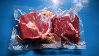 freshly packaged meat in vacuum sealed bags ready for sale ideal for use in culinary and food industry imagery