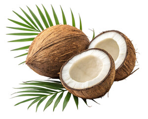 Whole and halved coconuts with palm leaves isolated on transparent background, tropical brown shell with white flesh, high resolution food and exotic ingredient concept