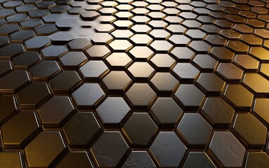 Elegant Geometric Background Featuring Shimmering Golden Metallized Hexagonal Tiles for Design Use