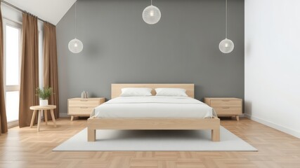 Elegant bedroom interior featuring a simple bed frame, matching nightstands, spherical pendant lights and wood floors