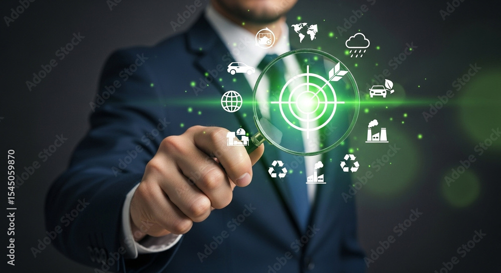 Poster man in suit holding magnifying glass with green target and environmental icons around it