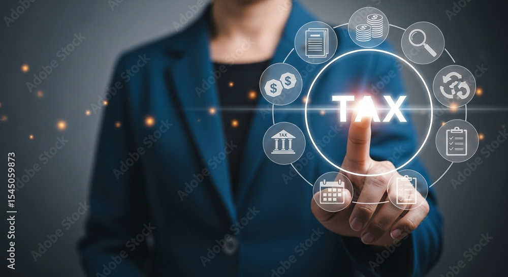 Poster person in suit pointing at tax icon surrounded by financial related symbols in a circular design
