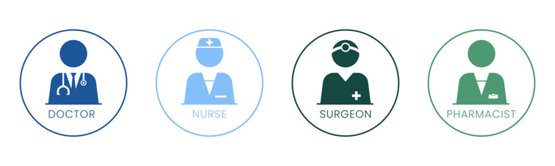 Doctor, Nurse, Surgeon and Pharmacist icon set illustration vector. Doctor, Nurse, Surgeon and Pharmacist inside circle sign and symbol.