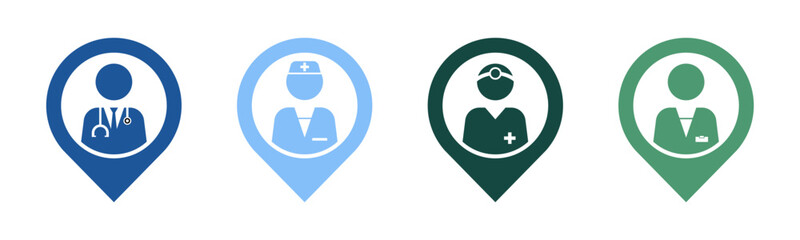 Doctor, Nurse, Surgeon and Pharmacist icon set illustration vector. Doctor, Nurse, Surgeon and Pharmacist with location sign and symbol.