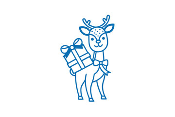 Blue outline shows a deer carrying a present box tied with bow, cartoonish