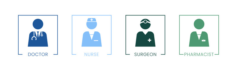 Doctor, Nurse, Surgeon and Pharmacist icon set illustration vector. Doctor, Nurse, Surgeon and Pharmacist inside square sign and symbol.