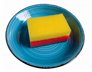 colorful kitchen sponge on blue circular dish cut out stock