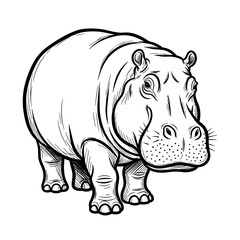 Fototapeta premium Black and white illustration of a standing hippopotamus on transparent background