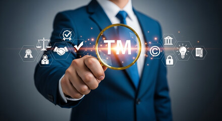 A man in a suit holding a magnifying glass over the trademark symbol with legal icons around it
