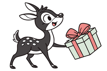 Cartoon fawn joyfully carries an attractively wrapped gift box featuring a bow accent