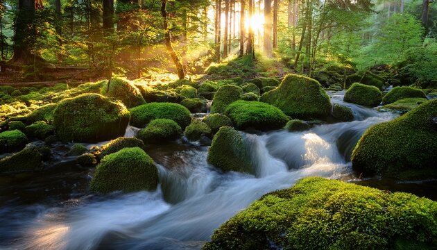 photograph of a sunlit forest stream cascading over moss covered rocks