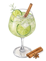 Refreshing lime and rosemary cocktail in a glass with cinnamon sticks