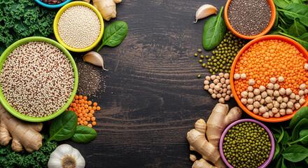 Assortment of healthy grains, legumes, and greens arranged on dark wood background, showcasing healthy eating and vegan diet concepts, with free space for text