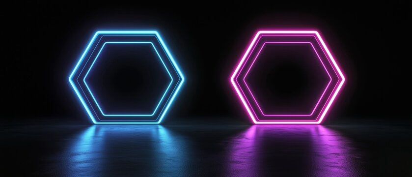 Futuristic Interior Space with Neon Glowing Hexagons and Abstract Background of Pink and Blue Lights - Powered by Adobe