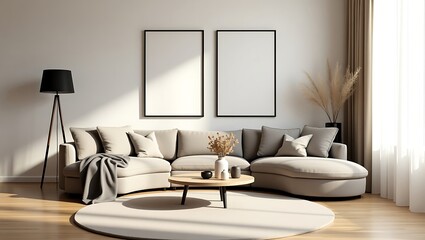 Modern beige sectional sofa in sunlit living room with minimalist decor and blank canvases.