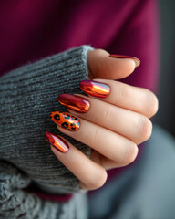 Stylish red chrome nails with leopard accent design on hand in cozy gray sweater