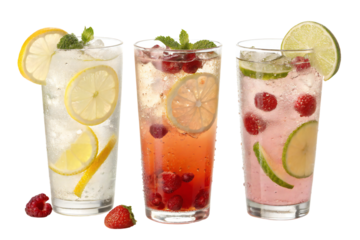 Three tall glasses of fruit-infused sparkling water with ice, containing lemon, raspberry, lime, mint, and grapefruit, isolated on transparent background, healthy refreshing summer drinks