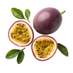 Ripe passion fruit whole and halves with leaves isolated on transparent background, tropical exotic fruit with juicy yellow pulp and seeds, high resolution food concept