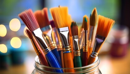 Fototapeta premium a vibrant closeup of colorful paintbrushes in a jar showcasing their textures and creativity in natural light