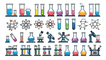 Illustration of various laboratory equipment including test tubes flasks and microscopes on a white background