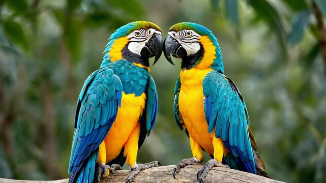  A vibrant video of two colorful macaws with blue and yellow feathers perched on a branch, nuzzling each other in a lush green jungle,showcasing their striking beauty and bond.