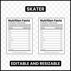 Skater Nutrition Facts

Skateboard Label Design

Skater Lifestyle Poster

Urban Skater Typography

Skatepark Humor Label

Skateboarding Stats Art

Kickflip Nutrition Label

Skater Sticker Design

