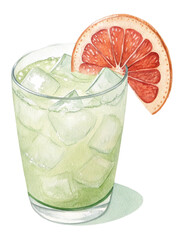Refreshing Grapefruit Cocktail with Ice in Glass, Watercolor Style