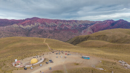 Aerial photo of the Hornocal mountain range, Humahuaca, Jujuy, Argentina.