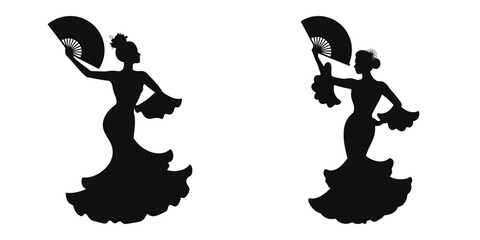 woman in Flamenco fan dance pose, Two elegant silhouettes of women in traditional flamenco dresses, holding fans, are presented against a plain white background.