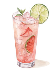 Refreshing pink grapefruit cocktail with lime and mint in tall glass