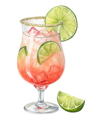 Watercolor painting of a refreshing strawberry lime cocktail in a stemmed glass