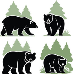 A complete vector set featuring different bear poses with forest backgrounds. Perfect for logo collections, stock vector bundles, or outdoor-themed design kits.