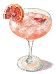 Watercolor painting of a refreshing grapefruit cocktail in a coupe glass with ice
