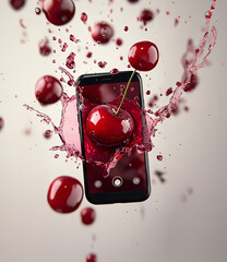 Cherry splash through smartphone screen, concept of  creative tech and fruit fusion. Dynamic and surreal conceptual image of a juicy cherry bursting through a smartphone screen.