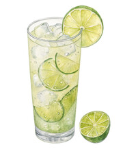 Refreshing lime cocktail in tall glass with ice, watercolor illustration