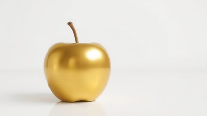 A singular gleaming golden apple reflects on a clean, minimalist, white surface with ample copy space on the right side