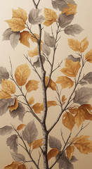 Detailed illustration of a tree branch with grey and gold leaves on a beige background, showcasing autumnal colors and natural elegance, ideal for design projects