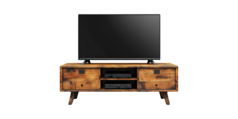 Rustic Wooden Tv Stand With Flat Screen Television And Audio Equipment. Home Entertainment Setup Isolated On Transparent Background