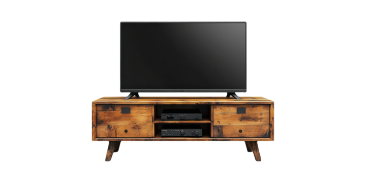 Rustic Wooden Tv Stand With Flat Screen Television And Audio Equipment. Home Entertainment Setup Isolated On Transparent Background