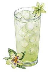 Refreshing Green Cocktail with Ice Cubes and Floral Garnish in Glass