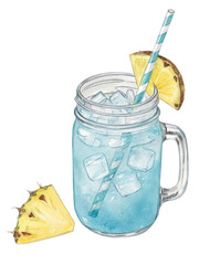 Refreshing Blue Pineapple Drink in Mason Jar with Ice and Straw