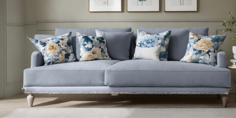 a variety of opulent, elegant decorative pillows in a calming colour scheme of natural beiges, whites, and gentle blues. pillow textures made of cotton, silk, linen, and chenille.